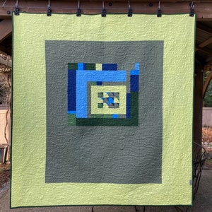 Modern Quilt JUNIPER BERRY Minimal, mid-century inspired design. Shades of green & blue in transparency effect. Handmade throw 64 x 67 image 9