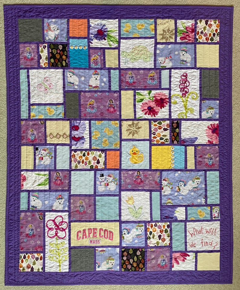 May include: A rectangular patchwork quilt featuring a purple border and various fabric squares. Patterns include polar bears, yellow ducks, floral prints, and a square with the embroidered text 'CAPE COD MASS.' and 'What will we find?'.