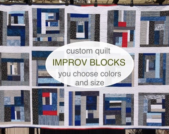 Modern Quilt Handmade CUSTOM IMPROV BLOCKS King Queen Full Twin Throw Lap size. Your choice of colors. Prints or solids. Made-to-order.