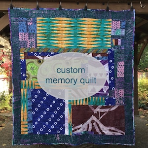 May include: A rectangular quilt featuring a patchwork of various fabrics in shades of blue, purple, green, and gold with geometric and organic patterns. A central oval overlay displays the text custom memory quilt in blue sans-serif font.