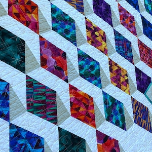 Modern quilt GEMSTONE STRANDS Geometric, abstract, colorful. Handmade retro throw. Colorful designer prints in jewel tones & white 61” x 71”