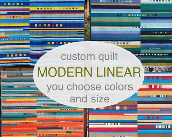 Modern Custom Quilt MODERN LINEAR Mid-century design. Made to Order. King Queen Full Twin Throw Lap. Your choice of colors. Handmade