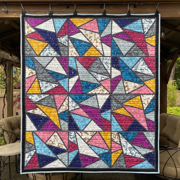 Modern quilt | MARBLE MOSAIC | Geometric, abstract, colorful. Dynamic, mosaic design in jewel tones & neutrals. Handmade throw 59” x 67”