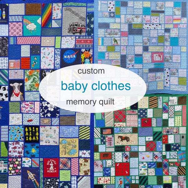 Custom Quilt made with baby or kid clothes. Made-to-order quilt using your baby’s or kid’s outgrown clothes. Preserve precious memories