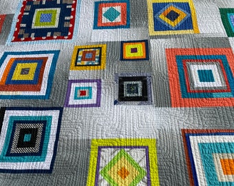 Modern quilt handmade throw LOG CABIN MEDLEY Playful, contemporary quilt. Log cabin blocks float on a background of gray ombre 72” x 72”