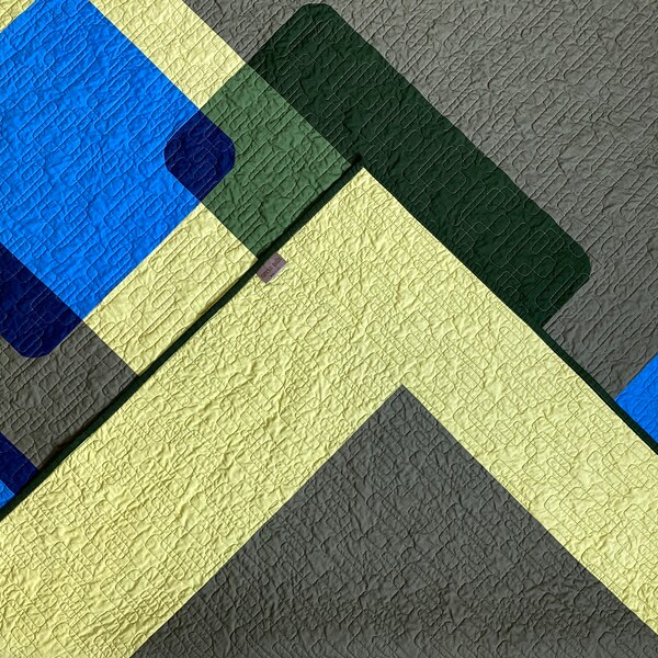 Modern Quilt | JUNIPER BERRY | Minimal, mid-century inspired design. Shades of green & blue in transparency effect. Handmade throw 64” x 67”