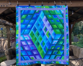 Modern Quilt | DAPPLED DIAMONDS | Geometric diamond design. 3-D illusion. Lush palette of green, aqua, blue & purple. Handmade 54” x 60"