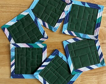 Fabric coasters. Set of 6.  Modern, minimal design. Green & blue. Geometric stitching design. Housewarming gift, kitchen gift. 4" square.