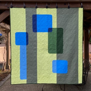 Modern Quilt JUNIPER BERRY Minimal, mid-century inspired design. Shades of green & blue in transparency effect. Handmade throw 64 x 67 image 1