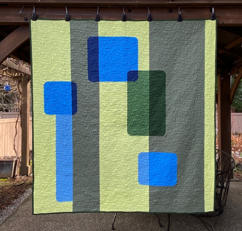 Modern Quilt JUNIPER BERRY Minimal, mid-century inspired design. Shades of green & blue in transparency effect. Handmade throw 64 x 67 image 1