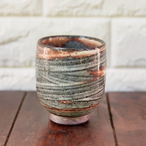 handmade stoneware cup, vintage studio pottery, blue and white mug