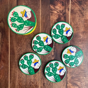 Vintage Mexican Hand-Painted Coasters | Set of 6 with Cactus & Sombrero Art | Folk Art Wood Coasters | Colorful Southwestern Decor