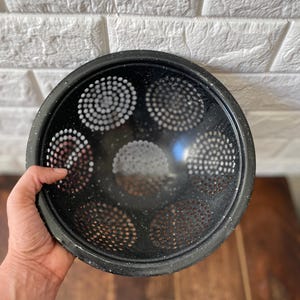 Vintage Black Graniteware Colander | Mid-Century Enamel Strainer with White Dot Pattern | Farmhouse Kitchen Decor