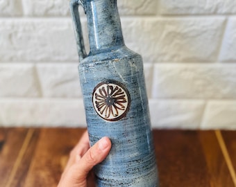 Vintage MC Japan Stoneware Carafe | Mid-Century Modern Blue Glazed Bottle with Stopper | Japanese Pottery Decanter