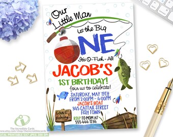Fishing Invitation, Fishing Birthday Invitation, Fishing Party ,The Big One, O-Fish-Ally Birthday, Gone Fishing, Big 1, Watercolor, DIY