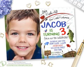 Fishing Birthday Invitation, Watercolor Fishing Invitation, O-Fish-Ally Birthday Invite, Fishing invite, Gone Fishing, Photo Invitation