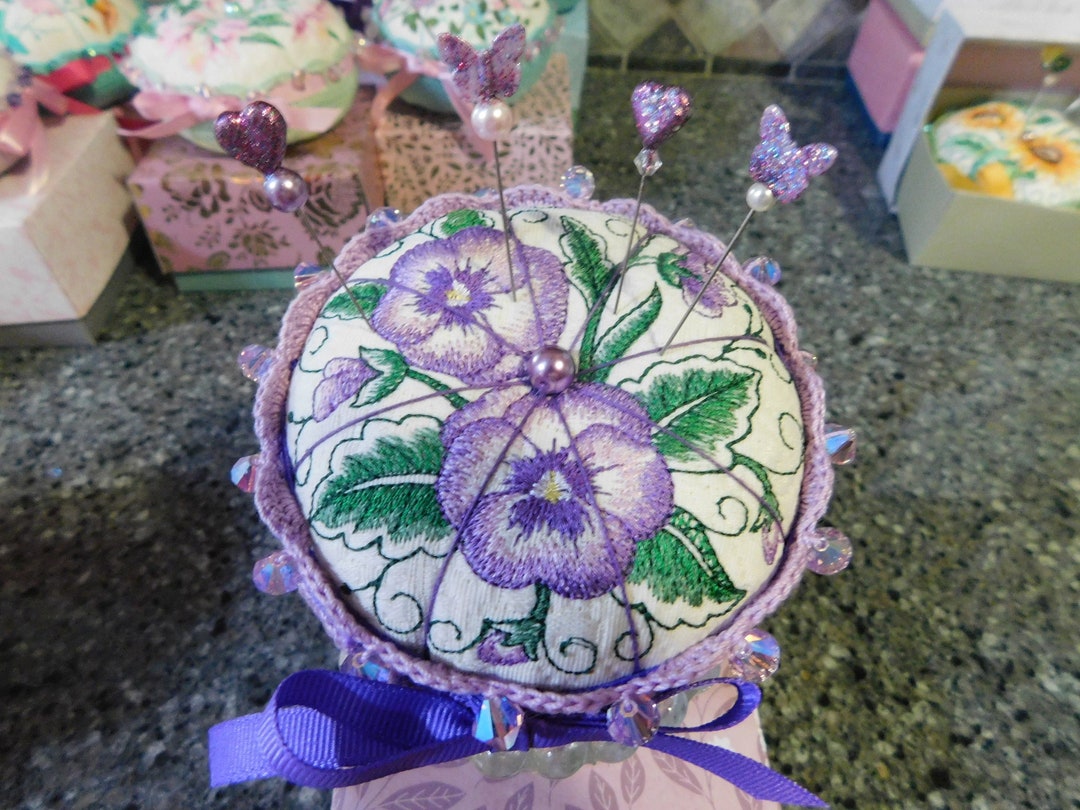 Machine Embroidered Pin Cushion With Hand Crocheted Bottom and Etsy