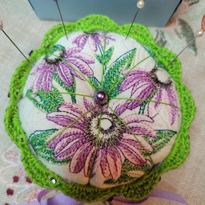 Machine Embroidered pin cushion with hand crocheted bottom