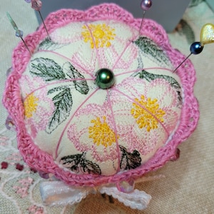 Machine Embroidered pin cushion with hand crocheted bottom