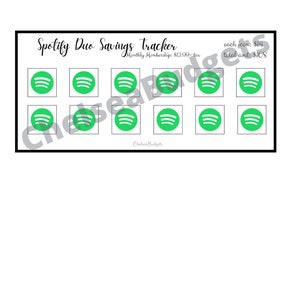 May include: A printable Spotify Duo savings tracker with a green Spotify logo. The tracker has 12 spaces to mark off each week of the month. The text reads "Spotify Duo Savings Tracker", "Monthly Membership: $12.99 + tax", "each icon: $14", and "total amt: $168".