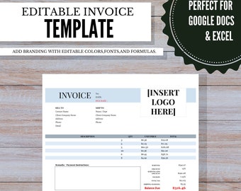 EDITABLE Invoice Template, Template for Google Docs or Microsoft Excel ...