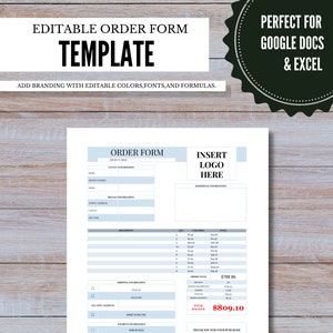 EDITABLE Order Form Template, Template for Google Docs or Microsoft Excel, Simple Order from Template, Customizable Template for branding