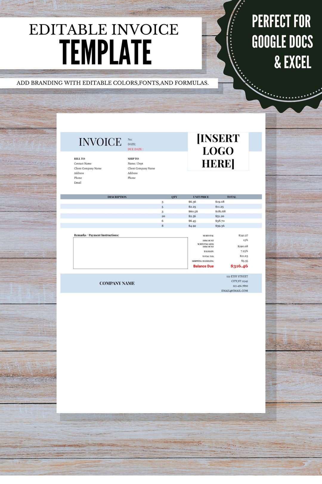 EDITABLE Invoice Template, Template for Google Docs or Microsoft Excel ...