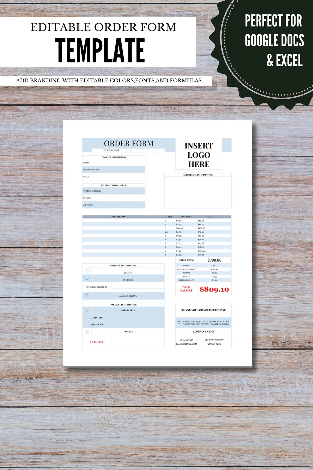 EDITABLE Order Form Template, Template for Google Docs or Microsoft