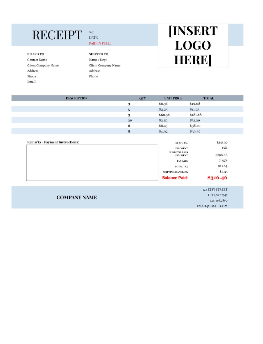 EDITABLE Receipt Template, Template for Google Docs or Microsoft Excel