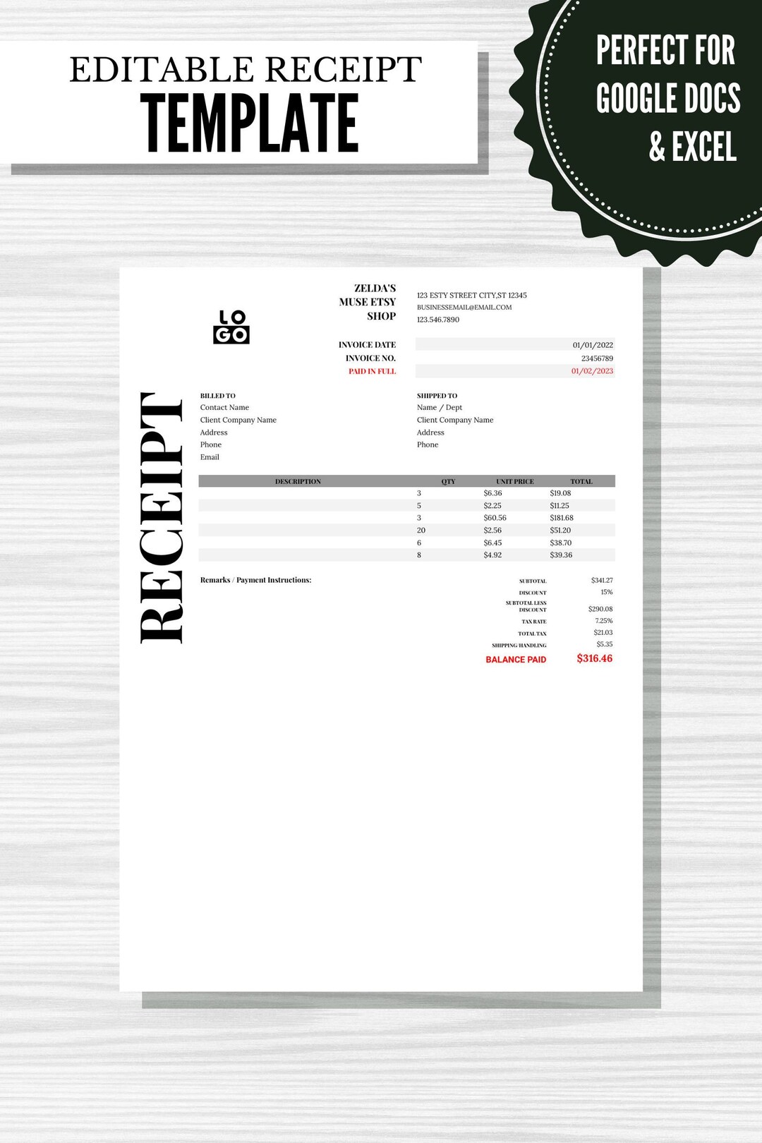 EDITABLE Receipt Template Template for Google Docs or Microsoft Excel EDITABLE Receipt Template Template for Google Docs or Microsoft Excel
