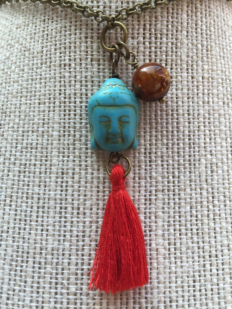 Buddha Necklace With Red Tassel and Tiger Eye Etsy