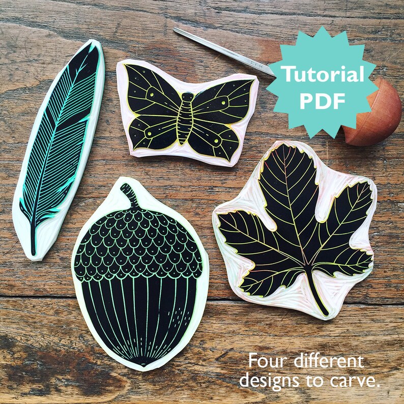 Rubber Carving Tutorial with four different stamp designs. A Etsy