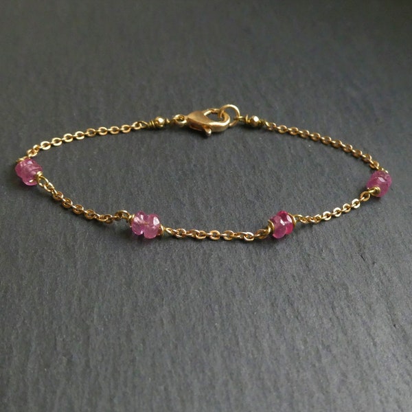 Gold filled Pink sapphire bracelet | Dainty Stacking Bracelet with genuine sapphire beads | Pink sapphire gold | Gold filled