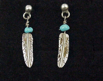 Silver and Turquoise Feather Earrings