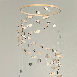 Wood fish and mirrors baby mobile , marine boho nursery night mobile, fishing kids mobile, minimalist mobile, fisherman neutral mobil