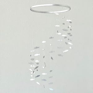 Silver wood fish baby mobile, marine crib mobile nursery, night baby mobile, kids mobile, minimalist mobile, gender neutral mobile