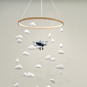Blue airplane baby mobile, cloud felt baby mobile, baby boy mobile, pilot mobile, gender neutral nursery, baby boy nursery, baby mobile