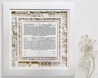 Modern Ketubah Holy Jerusalem. Jewish Wedding. Papercut Art Marriage Contract.