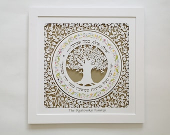 パーソナライズされたユダヤ人の家系図の切り絵、両親への記念日の壁アートギフト