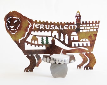 Jerusalem Lion Candle Holder, Judaica Gifts, Housewarming Gift
