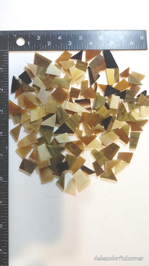 100 pieces of ASSORTED cut ready-to-use shapes and sizes of BROWN mix of streaky,opal, iridescent Stained glass pieces mosaic supply tiles