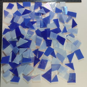 125 PIECES of blue ASSORTED shapes and sizes of solid streaky cathedral stained glass hand cut ready-to-use mosaic  supply project art tiles
