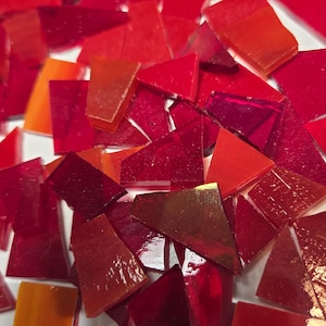 100 PIECES of Red ASSORTED shapes and sizes of assorted cathedral, streaky,solid stained glass mix ready-to-use mosaic supply crafting tile