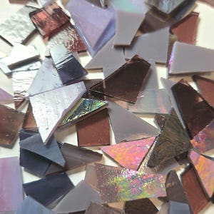 100 PIECES of ASSORTED cut sizes ready to use PURPLE stained glass  streaky, iridescent ,solid, mixture of glass for mosaic supply tile