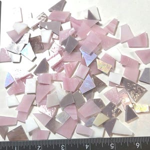 100 PIECES of ASSORTED cut ready-to-use mix of hand cut pink/lavender streaky,iridescent,solid Stained glass mosaic crafting tiles