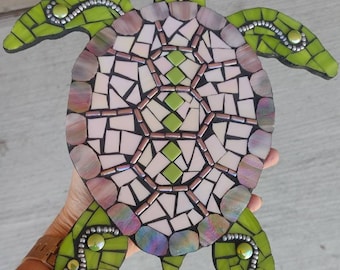 Sea turtle Mosaic with glass bead eyes gift wall hanging plaque art stained glass art tortoise wall decor S-41