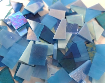 100 PIECES of ocean/blue ASSORTED mix colors of stained glass hand cut pieces ready-to-use assorted cut sizes mosaic supply project tile