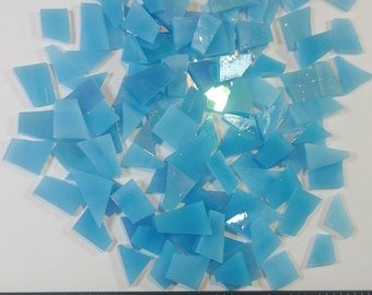 Sky blue 125 PIECES of ASSORTED cut pieces hand cut sky blue streaky and iridescent Stained glass ready to use mosaic crafting supply tiles