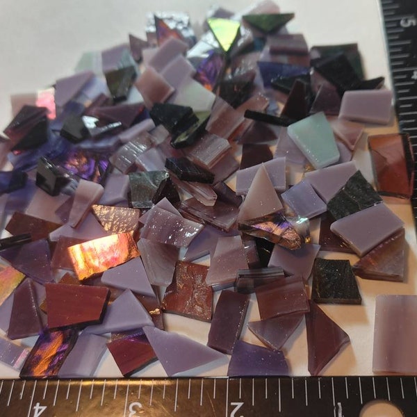 125 PIECES of ASSORTED cut sizes ready to use PURPLE stained glass  streaky,iridescent ,solid, mixture of glass for mosaic supply tile