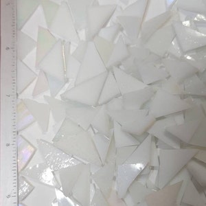 125 PIECES of WHITE TRIANGLE ready to use streaky, irridecent and solid Stained glass pieces hand cut assorted sizes white mosaic glass